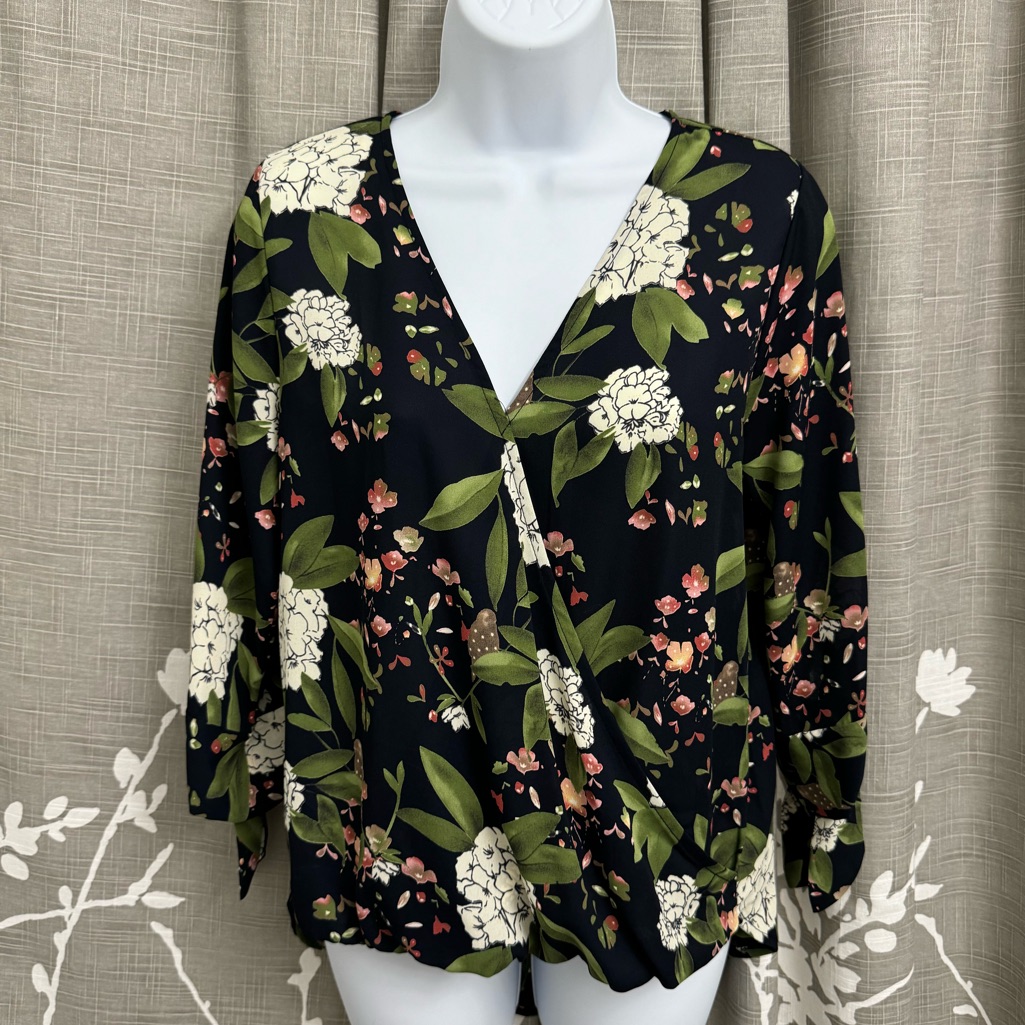 West Kei Floral Woven Wrap Blouse W/ Tie Navy S Small